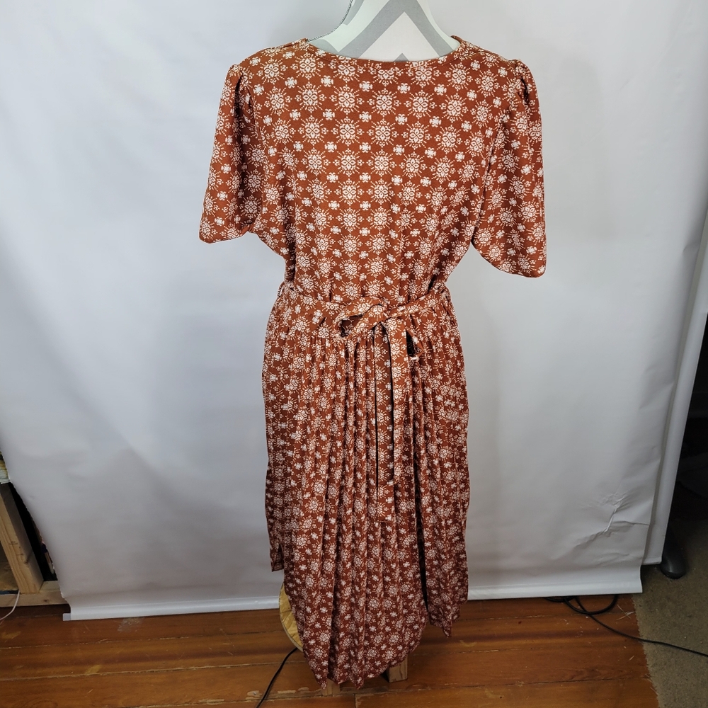 Lark +Grey Faux Wrap V Neck Dress Pleated Skirt Burnt Orange Dress Size XL - Picture 5 of 8
